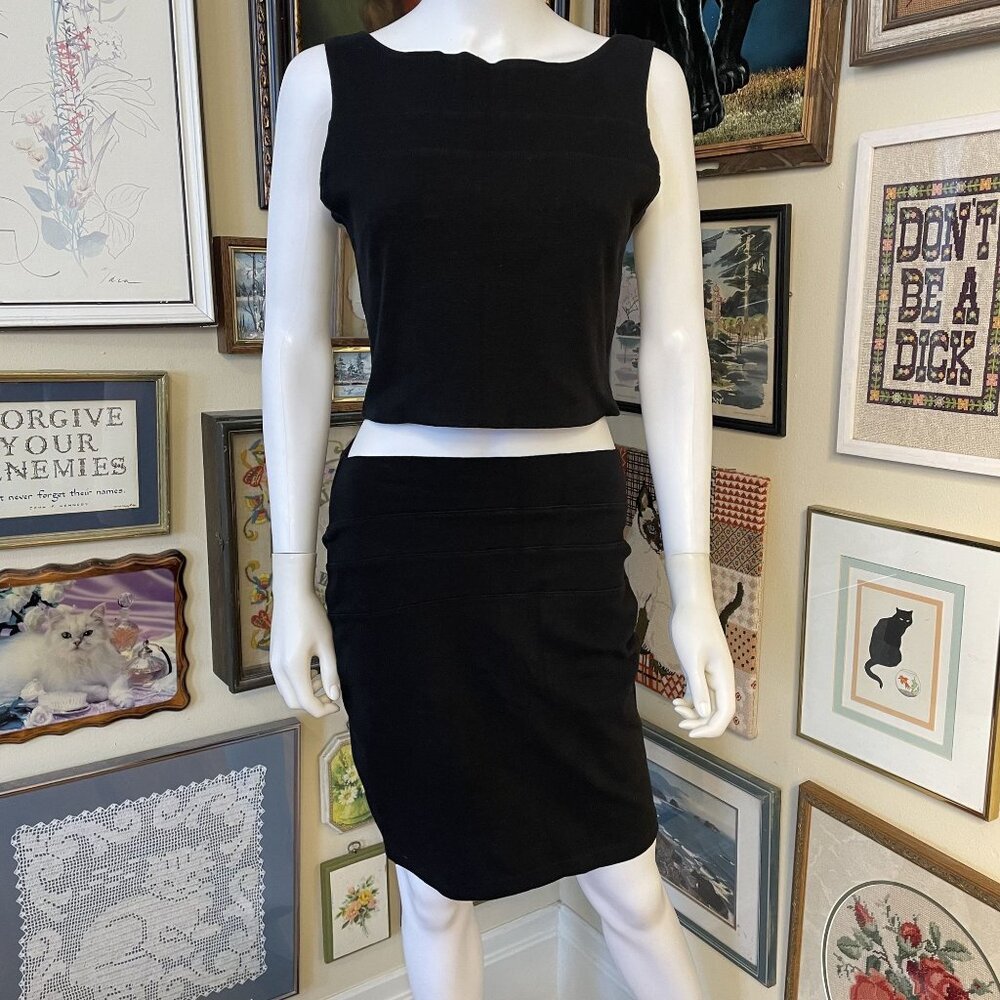 90s Vintage 2pc Black Stretch Sleeveless Bateau Neck Top and Skirt Set Size LG